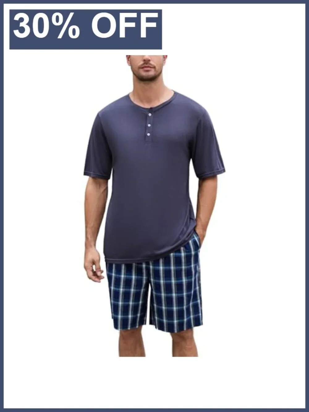 Men's Pajama Set Henley Collar, Breathable Bamboo Viscose & Cotton Short Sleeve
